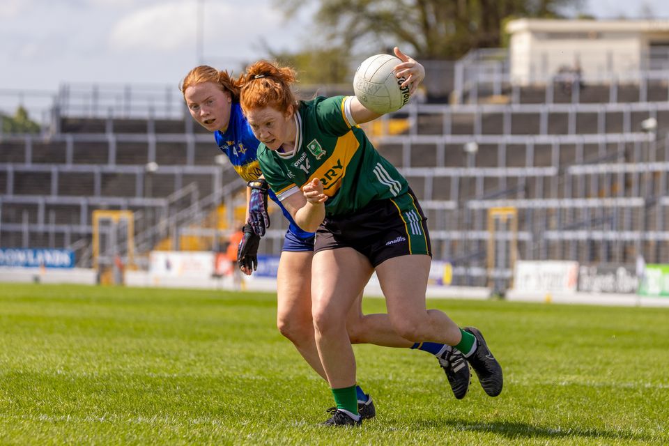 Kerry forward Louise Ní Mhuircheartaigh wins the ball ahead of Tipperary corner back Emma Cronin during their Munster Championship game at Fitzgerald Stadium, Killarney on Saturday afternoon. Photo by Tatyana McGough