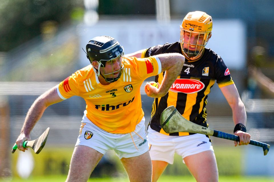 Ryan McGarry of Antrim is tackled by Shane Murphy of Kilkenny during the Leinster SHC Round 1 at UMPC Nowlan Park. Photo: Shauna Clinton/Sportsfile