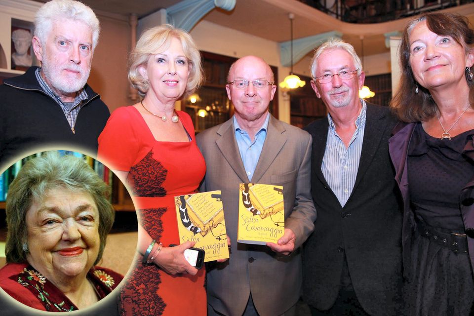 Left to right: Neill Donnelly, Mary O’Donnell, Peter Sheridan, Peter Cunningham and Eilis Ni Dhuibhne at the launch of Sister Caravaggio, the final novel of Maeve Binchy (inset)
