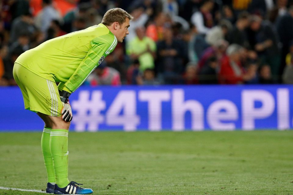Football - FC Barcelona v Bayern Munich - UEFA Champions League Semi Final First Leg - The Nou Camp, Barcelona, Spain - 6/5/15
Bayern Munich's Manuel Neuer looks dejected after Barcelona's Lionel Messi (not pictured) scores their first goal
Reuters / Paul Hanna