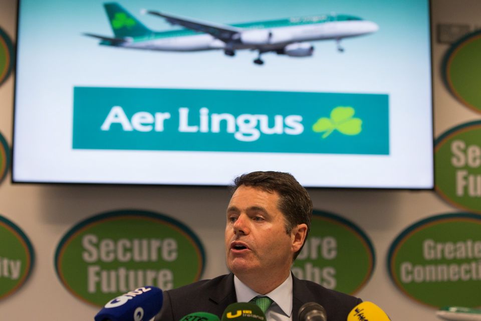Transport Minister Paschal Donohoe in a press conference on the new Aer Lingus deal tonight. Photo: Fergal Phillips.