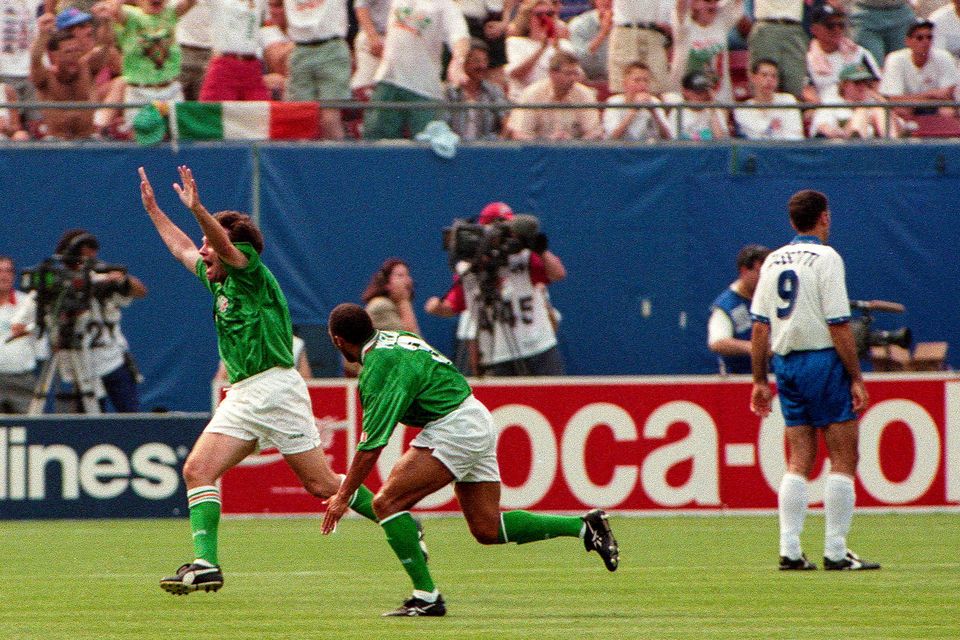 Ray Houghton scores for the Republic of Ireland against Italy at the 1994 World Cup