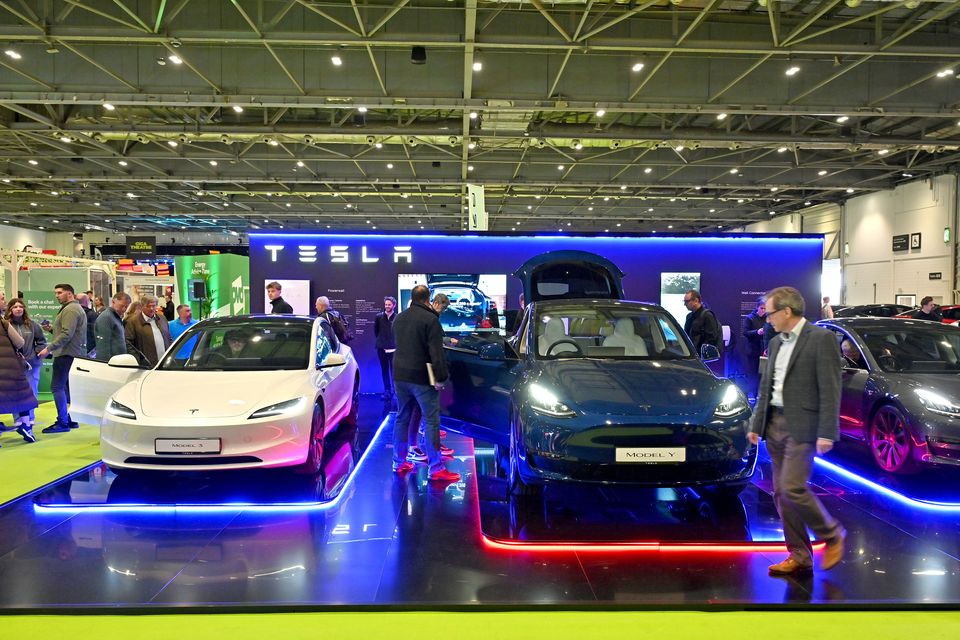 A Tesla Model 3 and Model Y fully electric EV cars are displayed during the Everything Electric London 2024 at ExCel on March 28, 2024 in London, England. Photo: John Keeble/Getty Images