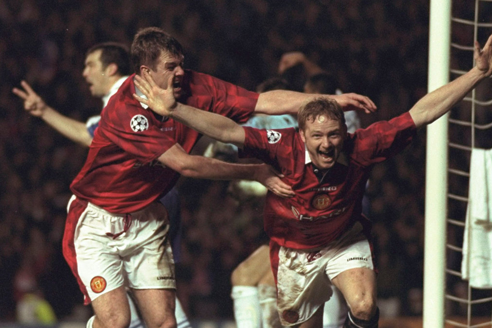 David May (right) and Gary Pallister celebrate after May scored the opening goal in the Champions League Quarter Final First Leg against Porto, March 1997. United won 4-0. Photo: Getty/Shaun Botterill/Allsport