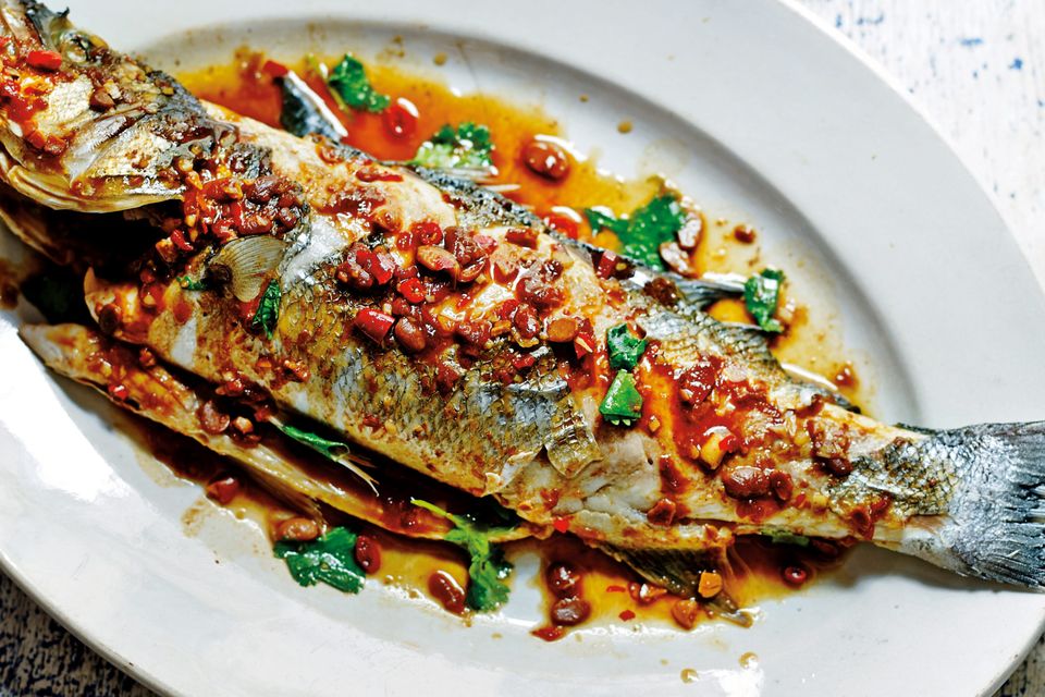 Sea Bass with crushed Soybeans and Chilli Sauce