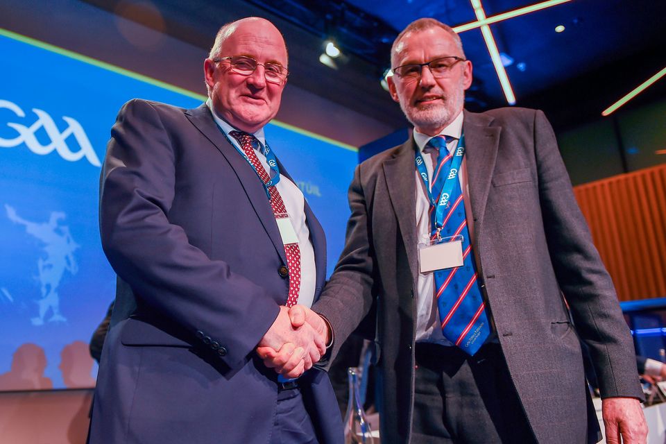 Larry McCarthy, right, with Uachtarán Chumann Lúthchleas Gael John Horan after he was elected to be the 40th president of the GAA during the GAA Annual Congress 2020 at Croke Park in Dublin. Photo: Philip Fitzpatrick/Sportsfile
