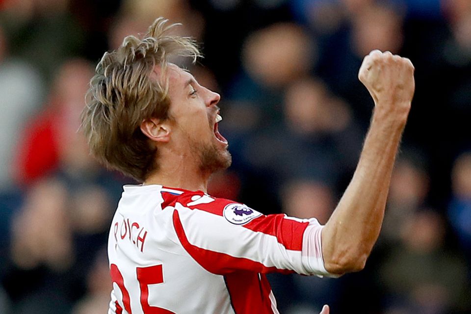 Peter Crouch celebrates his goal against Leicester