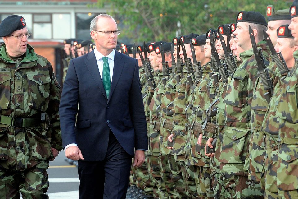 Defence Minister Simon Coveney reviews the personnel of the 46th Infantry Group at Costume Barracks, Athlone. Photo: James Flynn/APX.