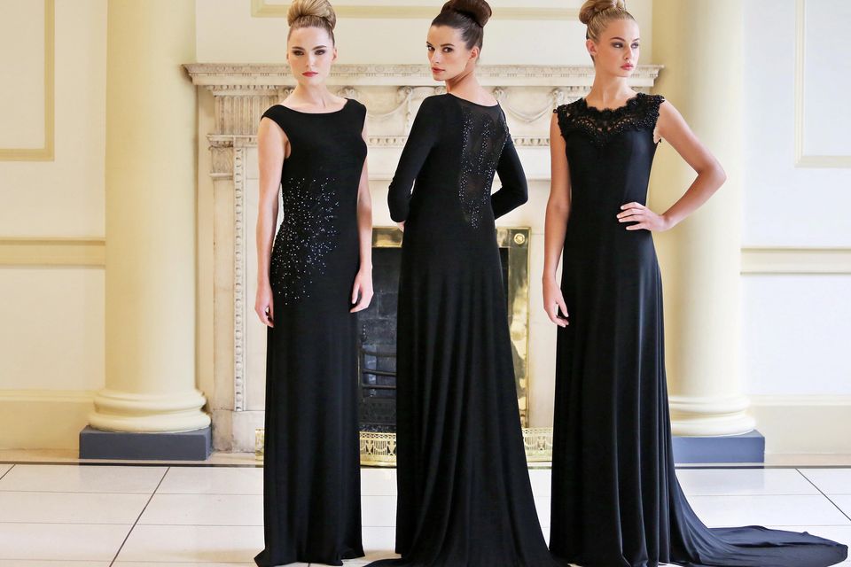 From left, Models, Sarah Morrissey wears a Kyra Black Starburst dress at €1995, Karen Fitzpatrick wears an Olivia Art Deco Beaded panel black jersey dress at €1995  and Thalia Heffernan wearing a Maxine Black Jersey Gown with black lace jewelled neckline detail at €3,995 at the launch of the Louise Kennedy Art Deco inspired Autumn/Winter 2013 Collection at The Hugh Lane Gallery.
Picture Colin Keegan, Collins Dublin.