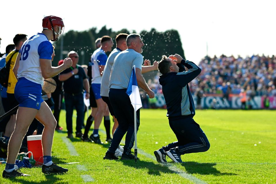 Waterford manager Davy Fitzgerald (right) and selector Peter Queally celebrate at the final whistle after the Munster SHC win over Cork at Walsh Park. Photo: Brendan Moran/Sportsfile