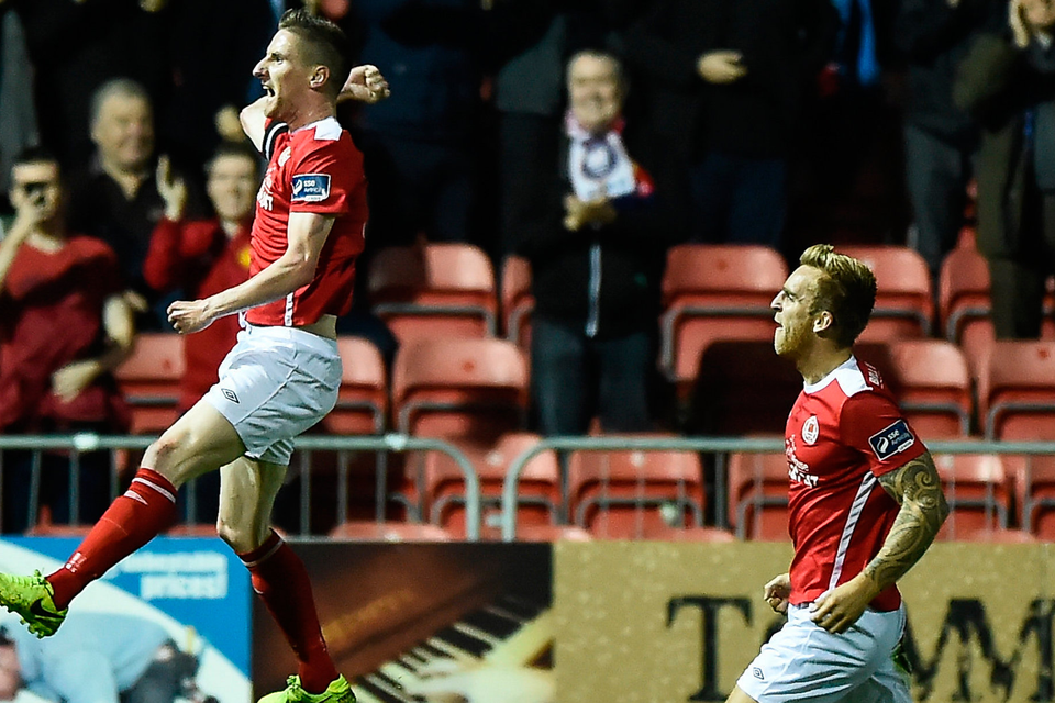 Ian Bermingham leaps in celebration after scoring St Patrick’s Athletic's first goal. Photo: Sportsfile