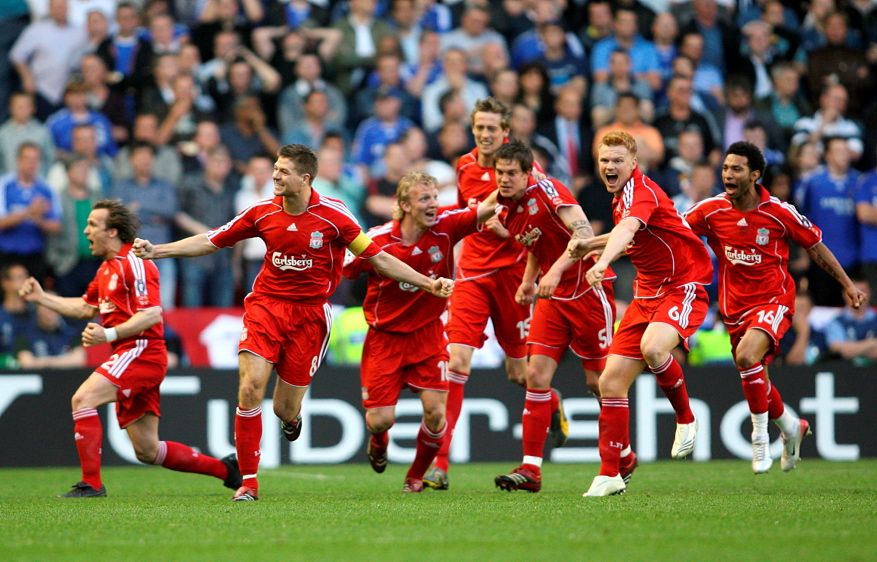 File photo dated 01-05-2007 of Liverpool players celebrate after Daniel Agger scores the first goal of the game  (left to right) Boudewijn Zenden, Steven Gerrard, Dirk Kuyt, Peter Crouch, Daniel Agger, John Arne Riise and Jermaine Pennant. 
Peter Byrne/PA Wire.
