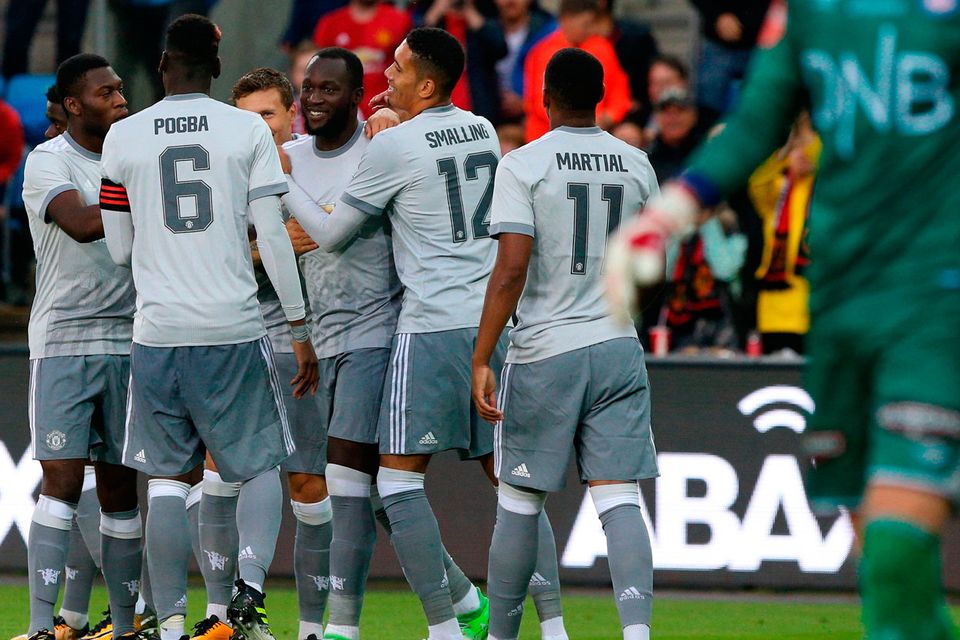 Romelu Lukaku celebrates scoring the second goal against Valerenga today