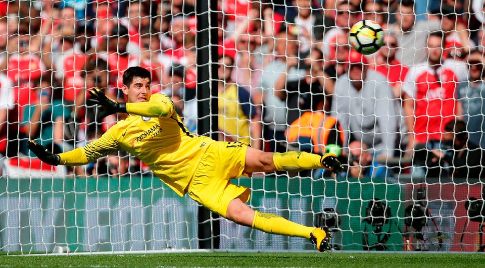 Chelsea's Belgian goalkeeper Thibaut Courtois is beaten by a penalty. Photo: Getty Images