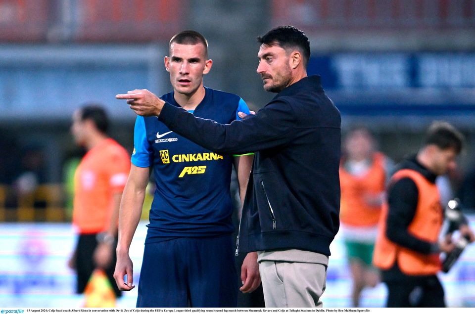 Celje head coach Albert Riera talks to Celje's David Zec during their Europa League defeat at Tallaght Stadium in Dublin. Photo: Ben McShane/Sportsfile