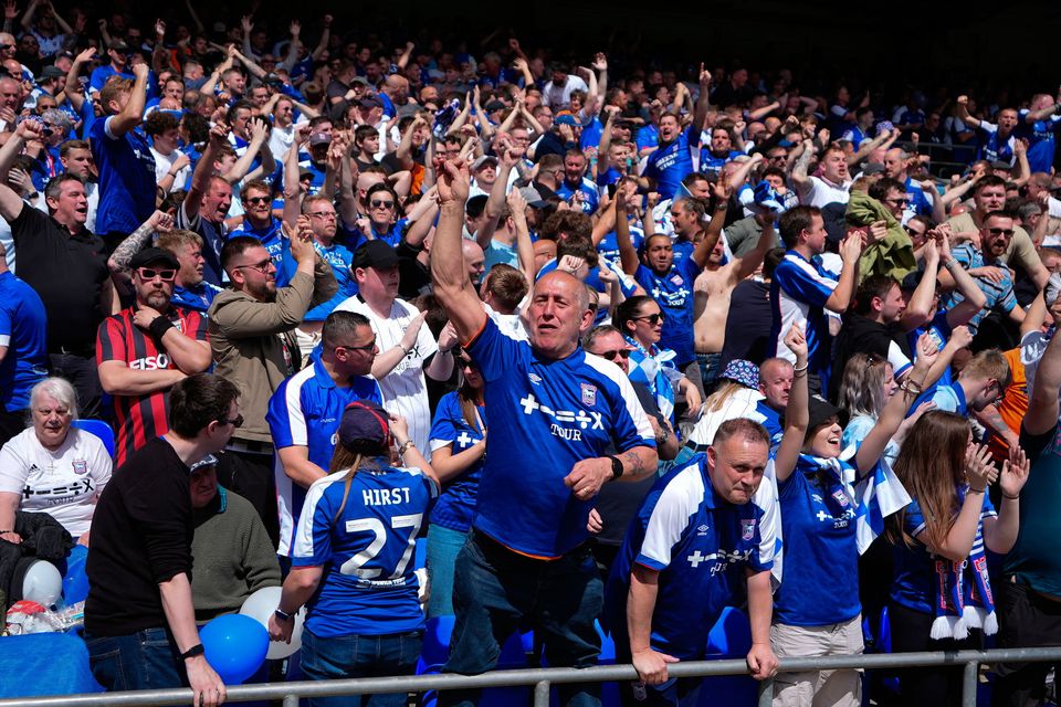 Ipswich Town supporters celebrate their side’s first goal during the Sky Bet Championship match at Portman Road, Ipswich