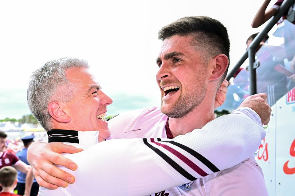 Galway goalkeeper Connor Gleeson celebrates with his manager Pádraic Joyce after their side's victory in last year's Connacht SFC final against Mayo at Pearse Stadium. Photo: Piaras Ó Mídheach/Sportsfile