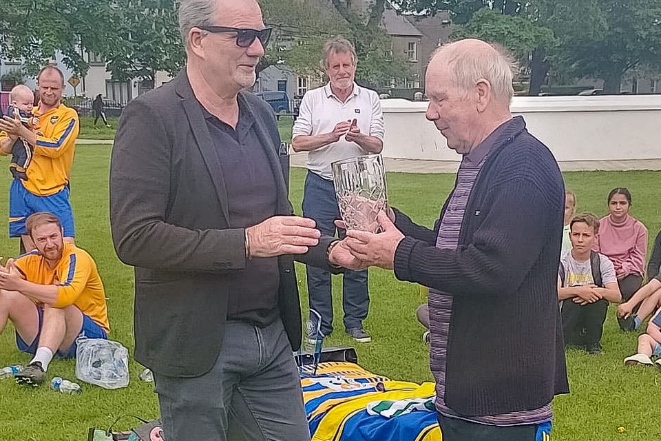 Paddy Harris/Shane Surplus Presentations at People's Park Bray. Timmy Harris makes the presentation to Paddy Harris in honour of his years of service marking pitches