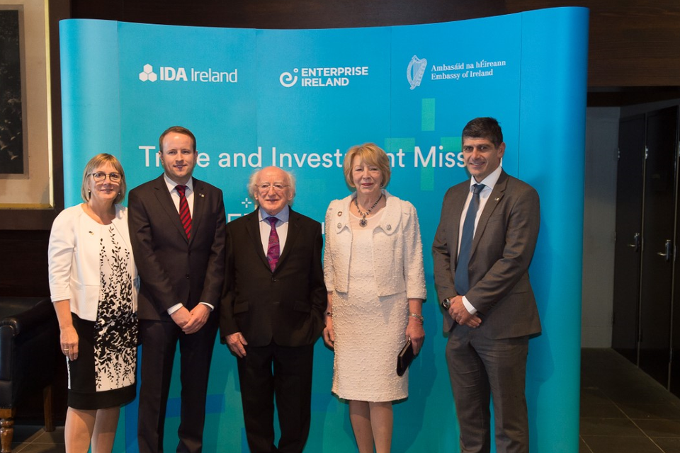 Julie Sinnamon, CEO, Enterprise Ireland, Andrew Flood, CEO, Prodigy Learning, President Michael D. Higgins and his wife Mrs. Sabina Higgins with Microsoft Australia Education Sector Director George Stavrakakis