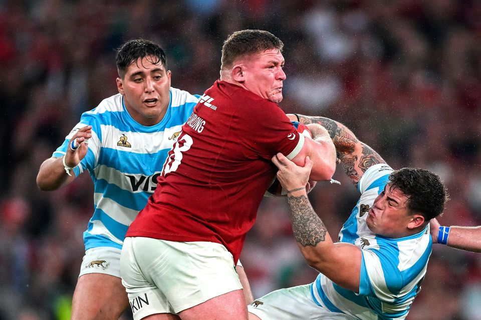 Tadhg Furlong is tackled by Argentina's Boris Wenger, left, and Francisco Coria Marchetti. Photo: Brendan Moran/Sportsfile