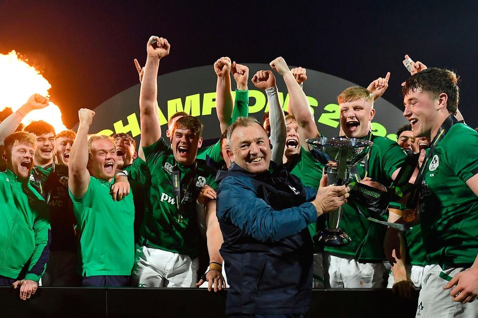 Ireland head coach Richie Murphy with the trophy after the U20 Six Nations match against England at Musgrave Park. Photo: David Fitzgerald/Sportsfile