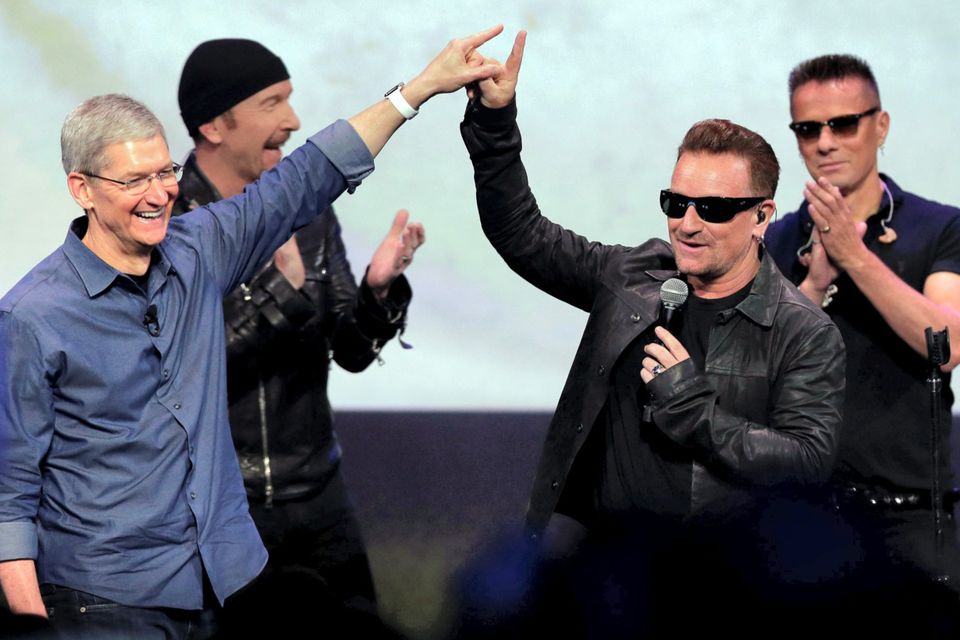 Tim Cook, Bono and the rest of U2 at the launch of the iPhone 6