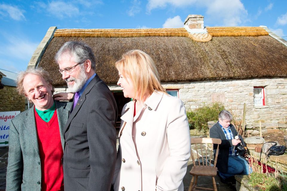 Gerry Adams with Rose Conway Walsh, the SF candidate for Mayo, with Tom Hennigan at Hennigan’s Heritage Farm in Swinford, Co. Mayo. Photo: Keith Heneghan