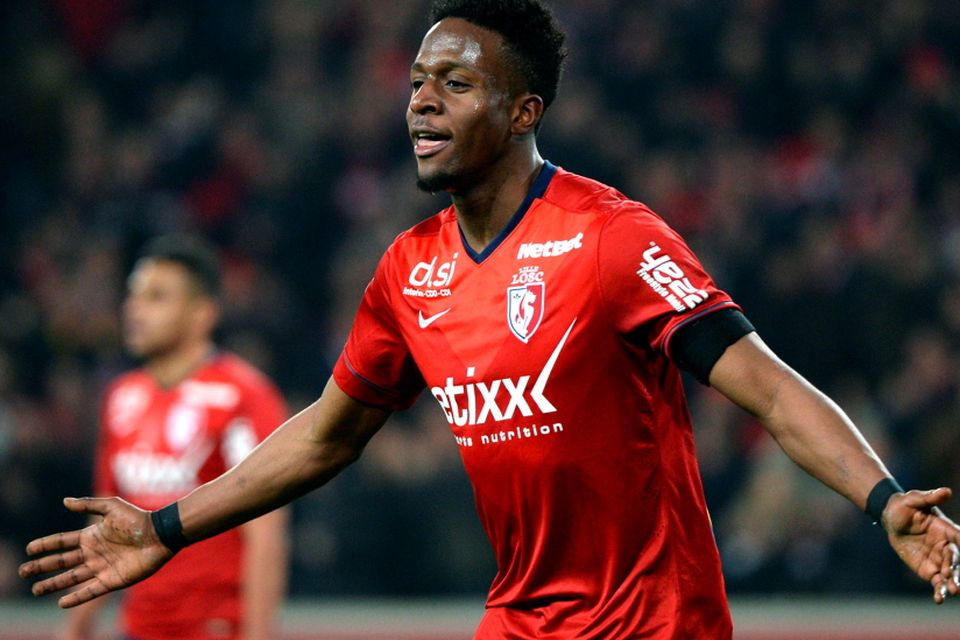 Lille's Belgian forward Divock Origi celebrates after scoring a goal during the French L1 football match between Lille (LOSC) and Rennes (SRFC)